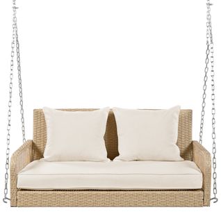 Balançoire De Jardin, Rotin Beige, Double Assise Avec Coussins D'assise Et De Dossier,housse Beige