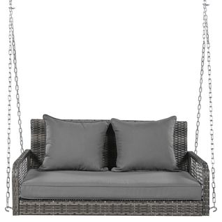 Balançoire De Jardin, Rotin Gris, Double Assise Avec Siège Et Coussins, Housse Grise