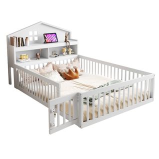 Lit Enfant Bois Massif 140x200 Avec Étagères Espace De Rangement Barrière Et Toit, Blanc