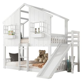 Lit Superposé 90x200cm Avec Toboggan, Toit Et Fenêtres, Échelle à Trois Niveaux, Blanc