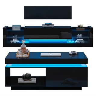 Ensemble Meuble TV Mural Mdf Noir Table Basse Et Rangement LED Finition Brillante