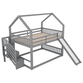 Lit Superposé 140x200cm Avec Toboggan, Escalier De Rangement Et Rambarde, Gris