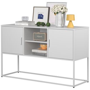 Buffet En Métal Robustes Avec Accents Blancs, Rangement Sécurisé, H 75 Cm × B 120 Cm × T 40 Cm