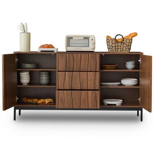 Buffet Bois Massif 150 Cm Avec 3 Tiroirs, Niche Ouverte, Style Vintage Élégant, Chêne Foncé
