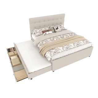 Lit Double 140x200cm En Beige Avec Trois Tiroirs, Tête De Lit Réglable, Sans Matelas