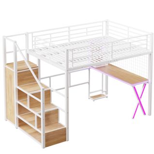 Lit Mezzanine Métal 140x200 Cm Avec Bureau Armoire Étagères LED Échelle Étagère Blanc