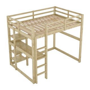 Lit mezzanine enfant 140×200 cm avec bureau et rangement, bois naturel, bois de pin et MDF