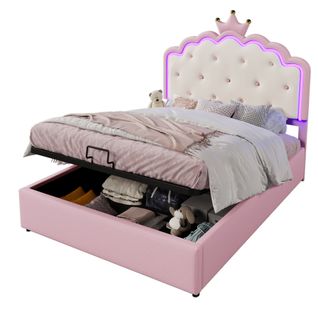 Lit Avec Rangement Hydraulique, Pu, Lumière Ambiante Télécommandée, Forme De Princesse 200x140