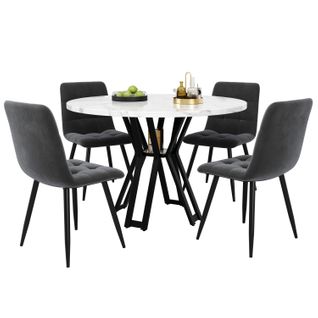 Ensemble Repas Mdf Métal 100 Cm Table Ronde Marbre Avec 4 Chaises ,gris