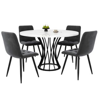 Ensemble Repas Mdf Métal 80 Cm Table Ronde Marbre Avec 4 Chaises ,gris