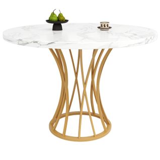 Table Ronde 80x80x76 Cm, Pour 4-6 Personnes, Plateau Marbré, Pieds Dorés