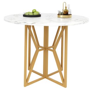 Table Ronde 80x80x76 Cm, Pour 4-6 Personnes, Pieds Dorés, Plateau Marbré