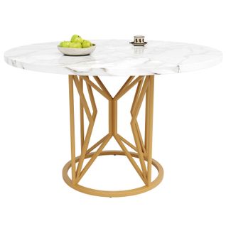 Table Ronde 100x100x76 Cm, Pour 4-6 Personnes, Pieds Géométriques, Plateau Marbré Doré