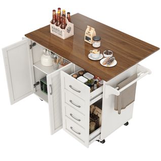 Chariot De Cuisine En Bois Avec Portes En Biais, Plan De Travail, Étagères, Blanc