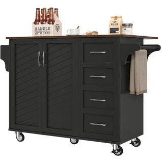 Chariot De Cuisine En Bois Avec Portes En Biais, Plan De Travail, Étagères, Noir