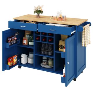 Îlot Cuisine Moderne 102×45×92cm Mdf Bois Avec Étagères Et Placards, , Bleu