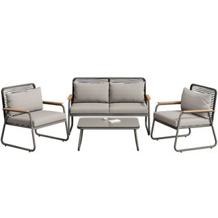 Salon De Jardin 4 Personnes Fer Galvanisé Verre Trempé Coussins Inclus, Gris