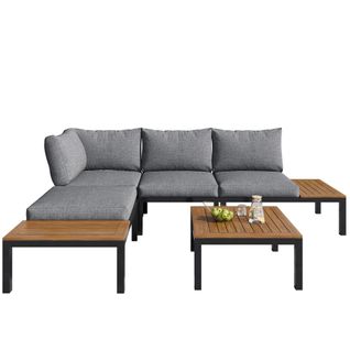 Ensemble De Jardin 2 Canapés, 2 Tables D'appoint, 1 Table, Acacia Massif, Coussin Gris