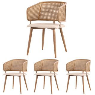 Lot de 4 chaises de salle à manger avec dossier en rotin et assise PU, style moderne et simple