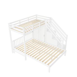 Lit Superposé Bois Mdf 90x200 140x200 Avec Placard Tiroirs Table Roulante Grand Rangement Blanc