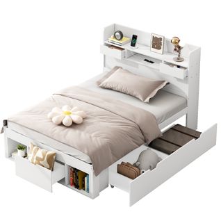 Lit Individuel 90*200cm En Bois Multifonction Avec Port USB Et Tiroirs, Blanc