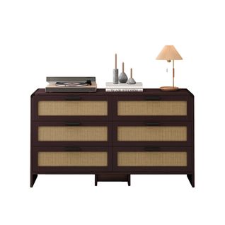 Cabinet D'angle En Rotin 130cm, 6 Tiroirs, Rangement En Rotin, Marron Roux