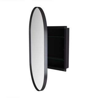 Armoire Miroir Ovale Encastrée Avec Étagères Réglables Et Cadre Métal, Noir