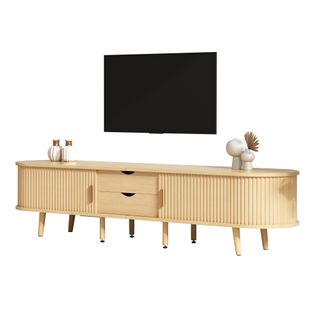 Meuble TV Mdf 175x40x42cm Avec 2 Tiroirs Et Table Ronde Assortie, Bois Clair