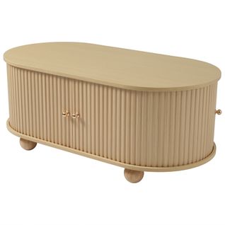 Table Basse Ovale Avec Rangements Et Portes Coulissantes, Gain De Place, Finition Bois