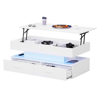 Table Basse Hydraulique En Bois Avec Éclairage LED, Contrôle Par Appli Bluetooth, 2 Tiroirs, Blanc