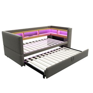 Lit Tapissé Extensible 90/180x190 Cm Avec LED Prises Rangements Lit Multifonction Gris Foncé