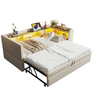 Lit Tapissé Extensible 90/180x190 Cm Avec LED Prises Rangements Lit Multifonction Beige