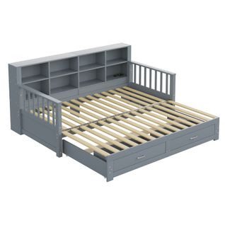 Lit Extensible Bois Massif 90/180x190 Cm Avec Tiroirs Sommier Prises Latérales Gris