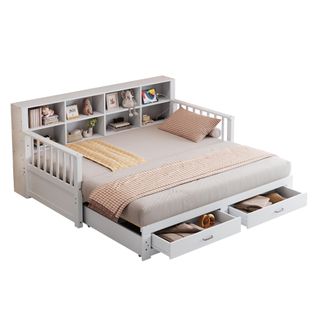 Lit Extensible Bois Massif 90/180x190 Cm Avec Tiroirs Sommier Prises Latérales Blanc