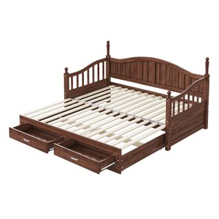 Lit Extensible Bois Massif 90/180x190 Cm Colonnes Romaines Dossier Courbé Tiroirs Noyer