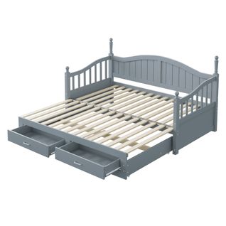 Lit Extensible Bois Massif 90/180x190 Cm Colonnes Romaines Dossier Courbé Tiroirs Gris