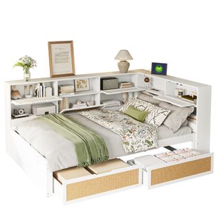 Canapé-lit 140x200 Cm Avec Tiroir Nombreux Rangements Prise USB Blanc