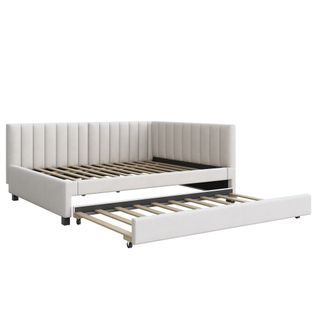 Lit Tapissé 140x200 Cm Canapé Extensible Lit Multifonction Tissu Velours Beige