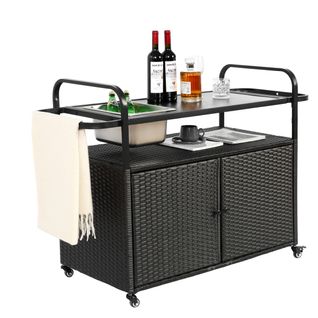 Chariot Bar Extérieur Résine, Acier 110×50×90 Cm Avec Seau à Glace, Roues Verrouillables,noir