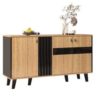 Buffet Bois Mdf 140x78,5x41 Cm Avec LED Et Vitrine, Design Bicolore, Bois Et Noir