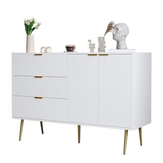 Buffet Bois Mdf 120 Cm Avec Portes, Tiroirs, Poignées Dorées, Étagères, Bois Clair