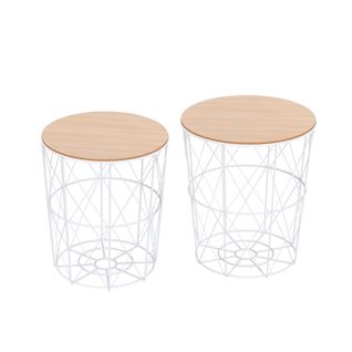 Tables Rondes 2 pcs, Blanc Naturel, Mdf + Métal, Ø40×h45 cm, Salon Ou Chambre