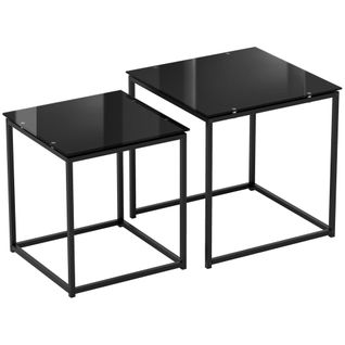 Tables D’appoint 2 Pièces Acier Verre Trempé Carrées Empilables, Noir
