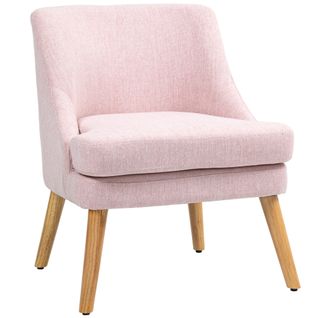 Fauteuil Lounge Rose, Tissu Effet Lin, Accoudoirs, Pieds Bois, Relax Pour Salon Ou Chambre