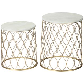 Lot De 2 Tables D’appoint En Métal Design Rétro Panier Ø41x46 Cm，or Et Blanc