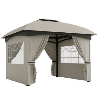 Pavillon 3,4x3,4m, Imperméable, Avec 4 Côtés, Toit Double, Cadre Métallique, ,gris Clair