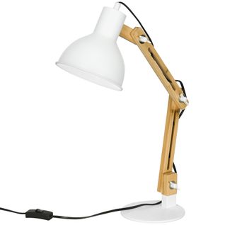 Lampe De Bureau Vintage En Bambou, Bras Articulé, Blanc + Nature