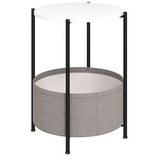 Table Ronde Avec Panier Tissu, Ø44×h56 cm, Gris/blanc, Rangement Pour Salon