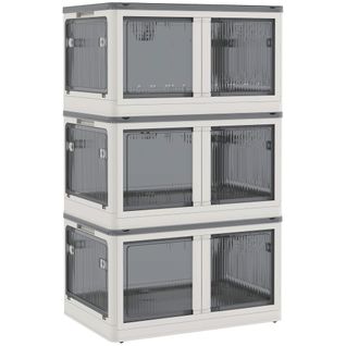 Boîte De Rangement Empilable 69l En Plastique, Avec Roulettes, Pliable, Accès 5 Côtés, Blanc