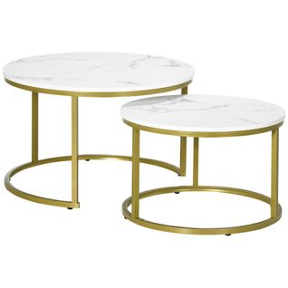 Tables Rondes Empilables 2 pcs, Cadre Doré , Effet Marbre Blanc, 30 kg Max, Salon